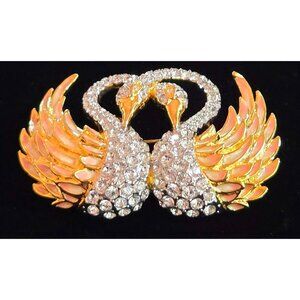 Nolan Miller Gold Crystal Swan Brooch With Rhinestone & Pink Enamel Details